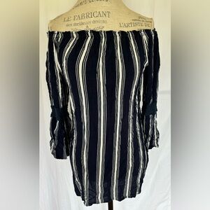 Speed Control Womens Off The Shoulder Bell Sleeve Blouse in Navy/White SzS